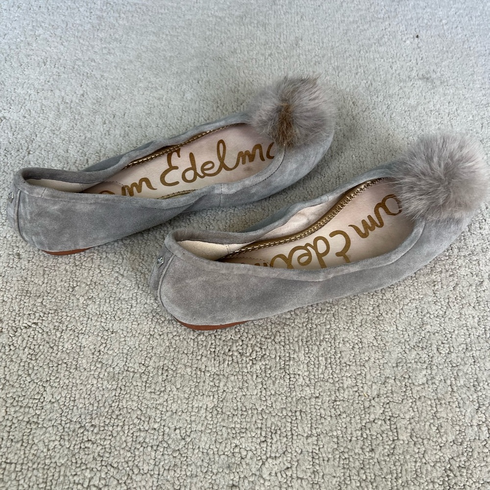 Sam Edelman gray suede flats with fuzzy ball on top. Size 8